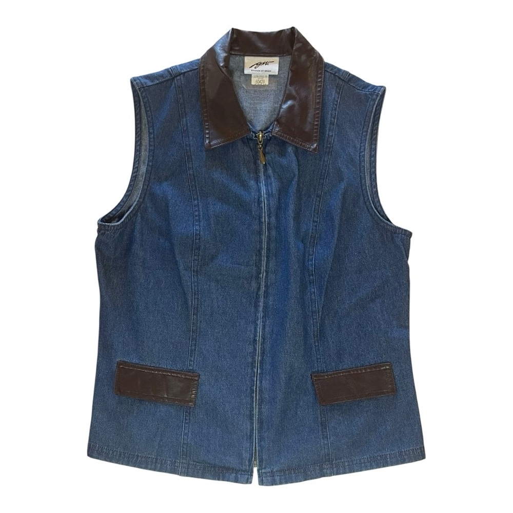Graff Vintage Denim Vest w/ Leather Trim Collar & Pockets - Picture 7 of 11